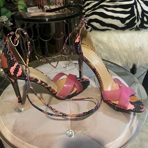 Shoe Dazzle Pink Multi Snakeskin Lace-Up Stiletto Sandals